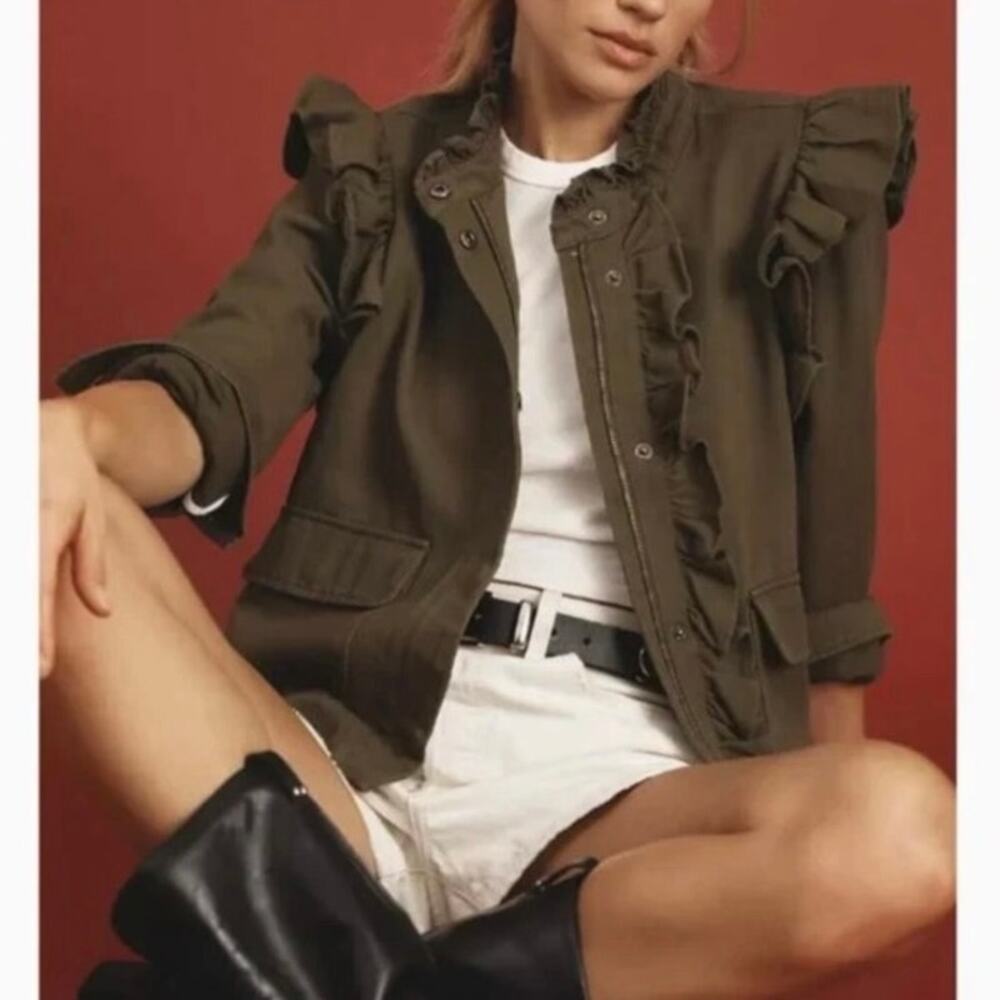 Anthropologie DOLAN Ruffled Utility Jacket NWT Olive Green Cotton Military